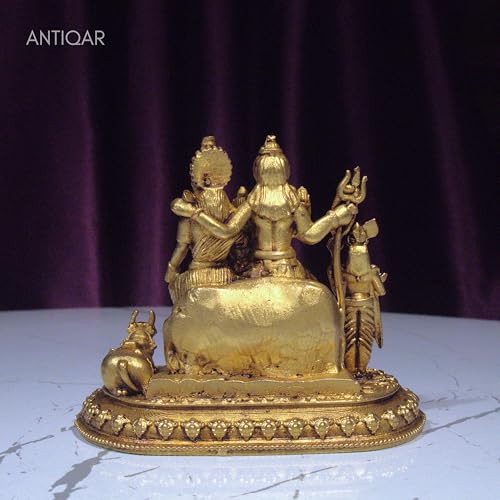Image of Brass Shiv Parivar Idol 5cm | Antique Golden Finish Lord Shiva Parvati Ganesh Kartikeya Statue | Handcrafted Brass Murti for Pooja Temple Home Office Decor Spiritual Navratri Diwali Gift Showpiece