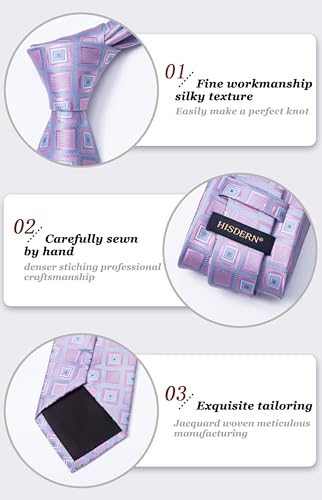Image of HISDERN Ties for Men Formal Business Plaid Checked Mens Ties and Pocket Square Set Classic Wedding Necktie Handkerchief