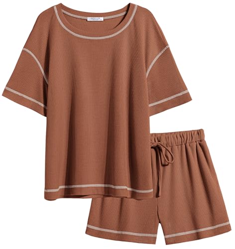 Image of Ekouaer Women's Waffle Knit Two Piece Lounge Set, Soft Matching Outfits for Daily Wear, Casual Shorts Set with Pocket