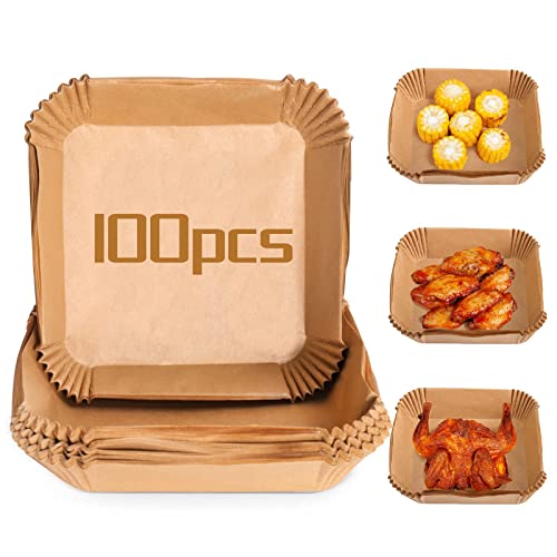 HAOSHICS Papier Cuisson Air Fryer, 100 Pièces De Papier De Cuisson Jetable, Résistant à L'huile, à L'eau, Parchemin De Qualité Alimentaire Pour La Cuisson Au Micro-ondes (carré, 8 in/20cm) Cover