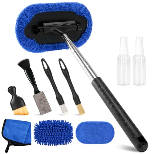 Bafeil 10PCS Car Detailing Kit with Extendable Windscreen Cleaner Tool - Interior Exterior Cleaning Brushes, Microfiber Pads Towel, Squeegee & Spray Bottles for Auto Window Glass Car Accessories