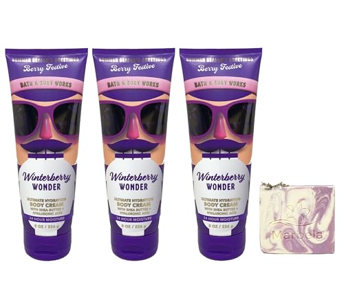 Bath & Body Works Winterberry Wonder 3 Pack Body Cream Bundle with a Lavender Dream Bar Soap - Full Size