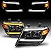 AmeriLite for 2009-2020 Nissan Frontier Pickup Truck LED DRL Tube Switchback Sequential Signal Black Projector Headlights Set - Passenger and Driver Side