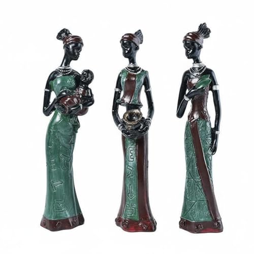 Hellery Statuette Africaine en Résine Figurine Sculpture Ornement Décorative Motifs Soignés Look Tribal Petit Format Adaptée aux, Vert, Ensemble De 3 Figurines De Femmes Africaines