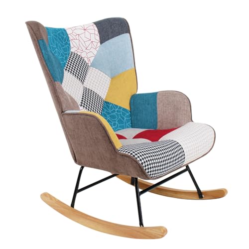 Brigros WeHome - Silla Mecedora Acolchada con reposabrazos, sillón Relax de Interior, Mecedora, sillón de Madera y Metal con Revestimiento Multicolor, 96 x 66 x 90 cm (Patchwork, Patchwork)
