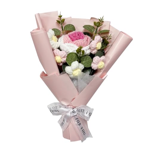Handmade Crochet Flower Bouquet Knitted Artificial Floral Arrangement in Pink for Valentine’s, Mother’s Day, Home Decoration, Gift Ideas for Women