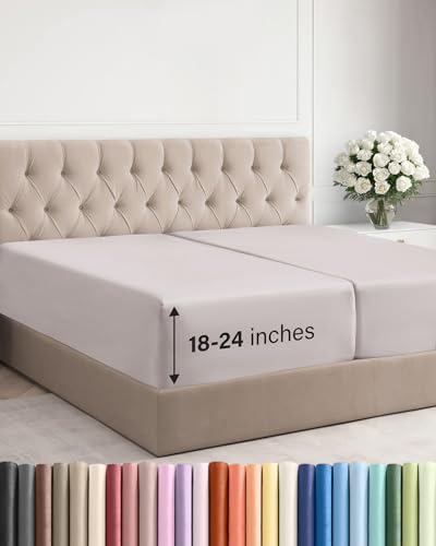 Image of Extra Deep Split King Fitted Sheet - Single Fitted Sheet Only - Light Grey | Easily Fits 18 inch to 24 inch Mattress, Soft, Wrinkle Free, Breathable & Comfy, Extra Deep Pockets Hotel Luxury Fitted Sheet