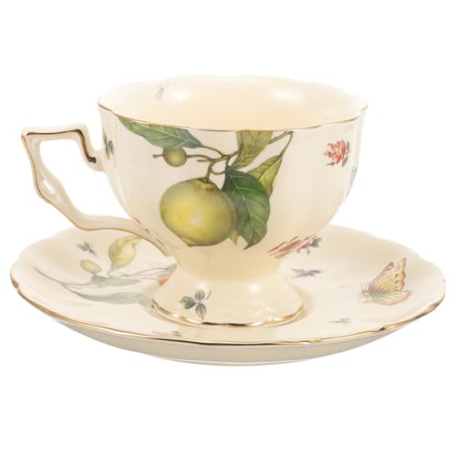 Veemoon Set Tasse Café Céramique Vintage avec Soucoupe et Mug à Large Ouverture avec Anse pour Thé et Cappuccino Design Floral Citron Romantique pour Maison et Pause Thé