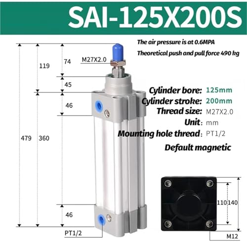 Vérin pneumatique de Type SAI double effet course 250mm SAI125 - 3