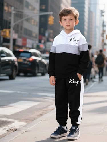 Image of Kids Boys Clothes Color Blocking Hoodie Sweatshirts and Pant 2Pcs Fall Outfits Set Size 5-10