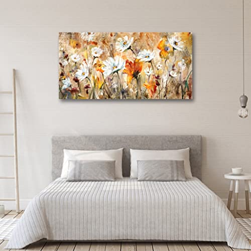 Image of Large Flowers Wall Art White Daisy Canvas Pictures Abstract Orange Yellow Red Floral Wall Decor Elegant Artwork Painting Prints for Living Room Bedroom Kitchen Home Office Decoration Framed 29 inchx 58 inch