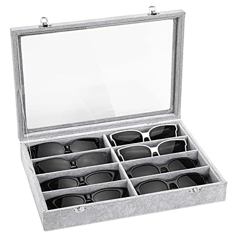 Emibele Glasses Organizer Jewelry Tray, 8 Grids with Clear Lid Velvet Tray Watch Storage Stackable Jewelry Showcase Display Storage with Detachable Inner Dividers - Grey Cover