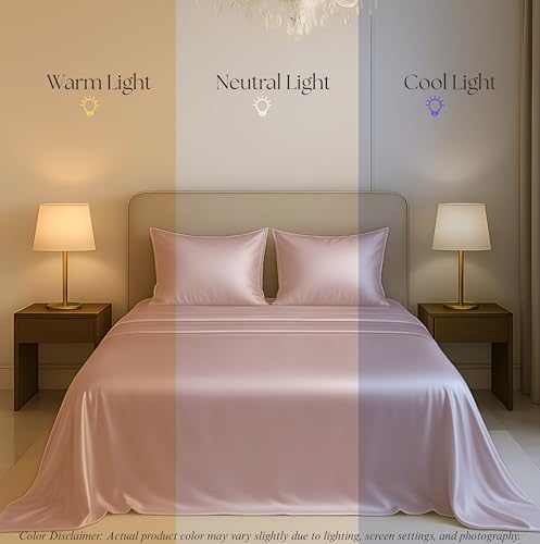 Image of Luxe Ere Satin Bedsheet King Size (90x108) | 300 TC Ultra Smooth Silky Soft Luxury Satin Bed Sheet with 2 Pillow Covers | Premium Satin Bedsheets for Double Bed- Champagne Rose