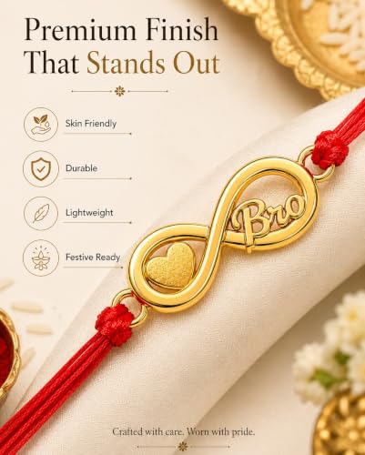 Image of Gold Plated Designer Rakhi Bracelet for Brother | Infinity, Heart, Evil Eye & BRO Designs | Raksha Bandhan Rakhi with Roli Chawal & Greeting Card