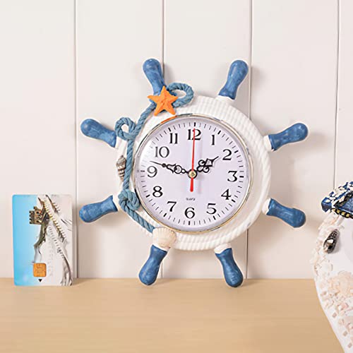 Hangrow Horloge murale en bois style gouvernail océan - 21 cm - Horloge murale silencieuse - Pour cuisine, salon, maison, bureau, école, bateau - Décoration nautique en bois avec horloge Cover