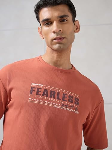 Image of TECHNOSPORT Men's Typography Printed T-Shirt ELASTOPLUS Quick Dry Slim Fit Round Neck Sports Tee for Gym Running Casual Wear UPF50+ Anti Odour