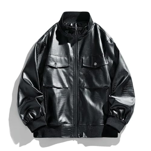 GLDFW Trendiga motorcykelkläder för höst - enkel och mångsidig lös läderjacka, Svart, XXL