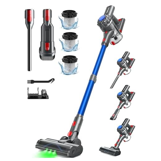 Ivormentico 50Mins Aspiradora sin Cable, 40KPA Aspirador sin Cable, 450W Escoba Aspiradora sin Cable con Cepillo para Suelos Mejorado, Aspirador Vertical con LED Verde, para Suelo/Pelo, Azul