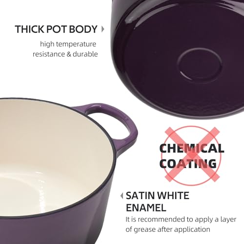 Image of Dutch Oven Enameled Cast Iron with Lid - Big Dual Handles - Oven Safe up to 500F - Classic Round Pot for Versatile Cooking (Purple, 6 QT)