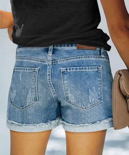 Image of onlypuff Womens Jean Short Cut Off Denim Shorts High Waist Ripped Distressed Stretchy