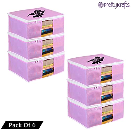 Image of PrettyKrafts Large Saree Cover With Creative Prints, Wardrobe Organiser, Clothes Cover & Storage, Zip Closure and Transparent Window | Clothes Storage Bag | Set of 6, Pink | Size: 40 x 35 x 20 cm