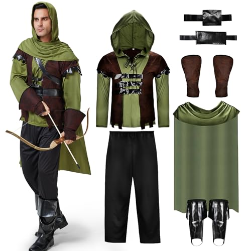 Joellfuner Déguisement Robin des Bois Homme, Creations Renaissance Robin Hood, Green Archer Costume avec Sac de flèche, Ceinture, Couvre-bottes, for Costume médiéval Mardi Gras Dress Up Party (M)
