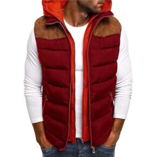 HWJFDC Puffer Gilet Autumn Winter Men's Down Vest Casual Waistcoat Sleeveless Jackets Hooded Vest Outwear Warm Coat Zipper Hooded Vest(Wine Red,L)