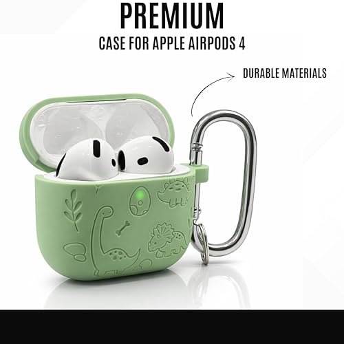 Image of Emoh Roced Case for Airpod 4 with Keychain,Silicone Dinosaur Engraved Cases Compatible with Apple AirPods 4th Generation 2024, Anti-Scratch, Protective Case Cover (Mint Green, for AirPods 4)