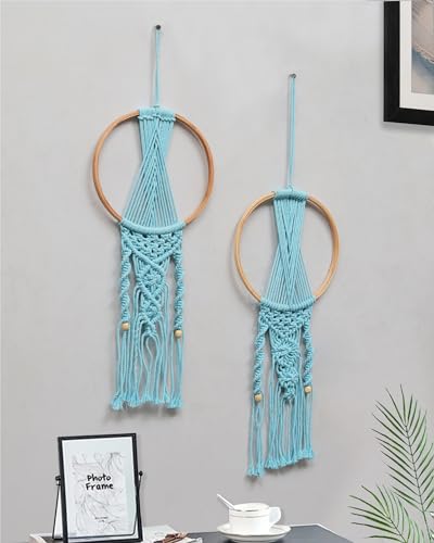 Image of Homesake Macrame Dream Catchers for Bedroom Adult Dream Catcher Wall Decor Large Boho Wall Hanging Wood Beads Tassels Home Decoration Ornament Craft Gift, Set of 2 (Turquoise)