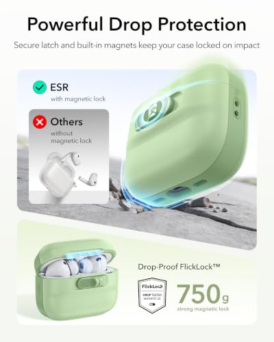 Image of ESR for AirPods Pro 3 Case (2025), Compatible with AirPods Pro 3 (USB-C Cable), MagSafe Ready, Magnetic Lid Lock, Full Drop Protection Cover with Lanyard, Light Green