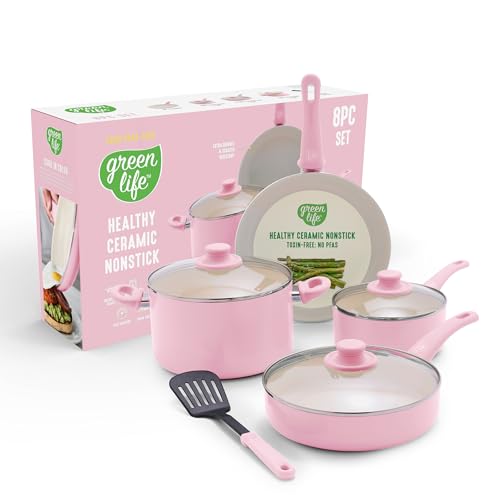 GreenLife Soft Grip 8 Piece Cookware Set, Non-Toxic PFAS-Free Ceramic Nonstick, Frying, Sauce, Sauté, Utensils, Glass Lids, Stay-Cool Handles, Wobble Free, Dishwasher & Oven Safe, Soft Pink