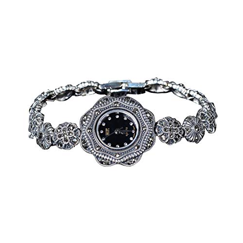 JadeAngel Reloj de pulsera retro de plata de ley para mujer, estilo floral, marcasita pavé, Retro