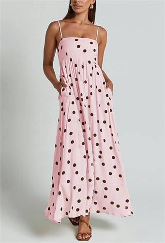 Image of Yuemengxuan Boho Maxi Dresses for Women Spaghetti Strap Flowy Smocked Long Dress Casual Summer Vacation Beach Maxi Dress