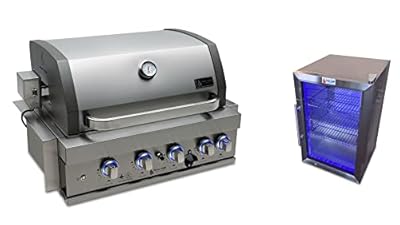 Mont Alpi Built-in 32-Inch 4-Burner 63000 BTU Built-In Stainless Steel Outdoor Kitchen Gas Barbecue Island Grill + 2.7 Cubic Ft Glass Door Compact Refrigerator + Charcoal Tray & Griddle Plate Combo