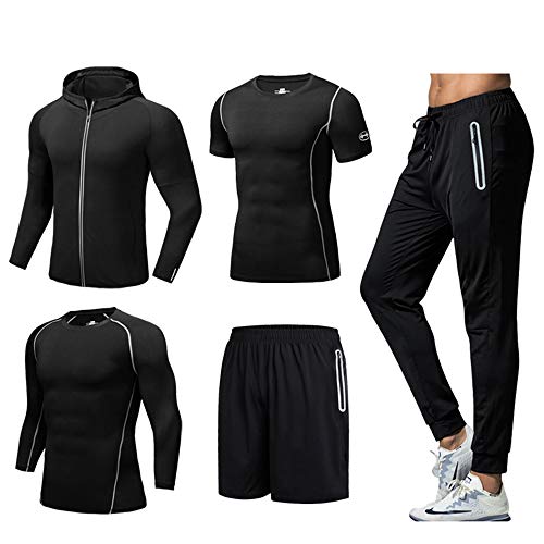 Yoga Suit 5Pcs Set Elastic Quick Drying Hood Jacket/Short Sleeve/Long Sleeve/Shorts/Leggings Fitness Clothing Gym Wear Suit,4XL