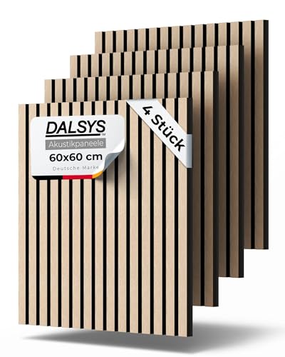 Dalsys Akustikpaneele 60x60cm, 4 Stück Eiche hell, Wandverkleidung Wanpaneele Holz, Lamellenwand mit...