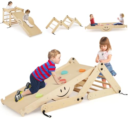 HOMASIS 5 en 1 Aire de Jeux d'escalade en Bois Pliable Montessori, Triangle d'escalade de Pikler d'Intérieur avec Rampe Toboggan échelle Bascule, Structure à Grimper pour Enfant 3 + an (Naturel)