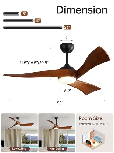 Sofucor 52 Inch Ceiling Fan with Light and Remote, Modern 3 Solid Wood Blades Ceiling Fan, 6 Speeds 5500CFM, Dimmable 3-Color LED with Memory, Timer & Quiet & Reversible DC Motor, ETL, Walnut Wood thumbnail 2