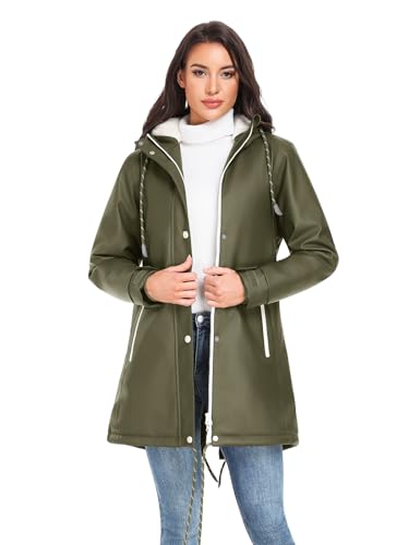 Vancavoo Wintermantel Damen Winterjacke Warm Gefüttert Wasserdicht Atmungsaktiv Regenmantel Übergangsjacke Winter Windbreaker Jacke Mantel Outdoorjacke mit Kapuze,Militärgrün,L