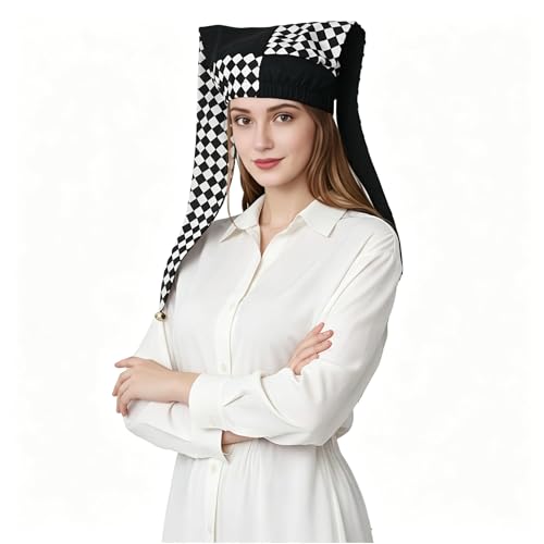 ANDHOM Jester Hat with Bells Harlequin Diamond Pattern for Halloween Christmas Costume Accessory Black&Red (S)