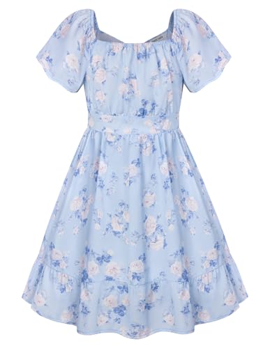 GRACE KARIN Girls Summer Floral Print Dress with Square Neck Ruffled Sleeves and Back Bow Tie Blue 12 Years