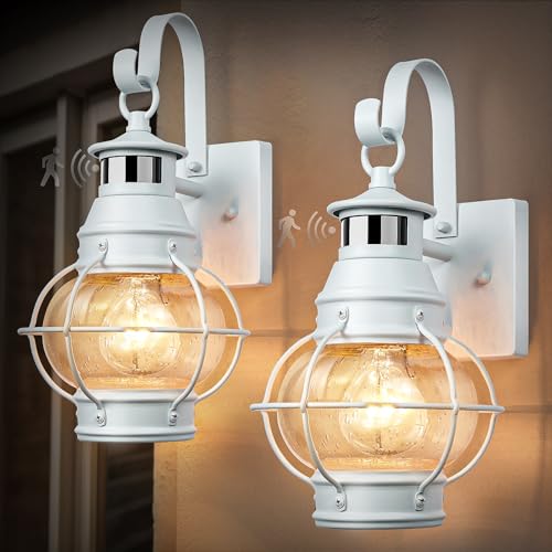 Lamomo 2-Pack White Motion Sensor Outdoor Light – Modern Farmhouse Porch Fixture for Light Siding, Anti-Rust Aluminum Exterior Wall Lantern, Dusk to Dawn Sconce with Clear Glass (White)
