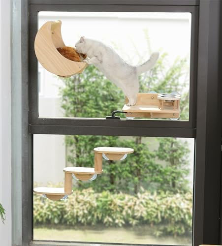 Image of Cat Window Perch, Plywood Moon Bed with 4 Heavy-Duty Suction Cups | Window-Mounted, Drill-Free, Up to 40 lb Support, For Small to Medium Cats, Spacious Lounging Area, Machine-Washable Pad