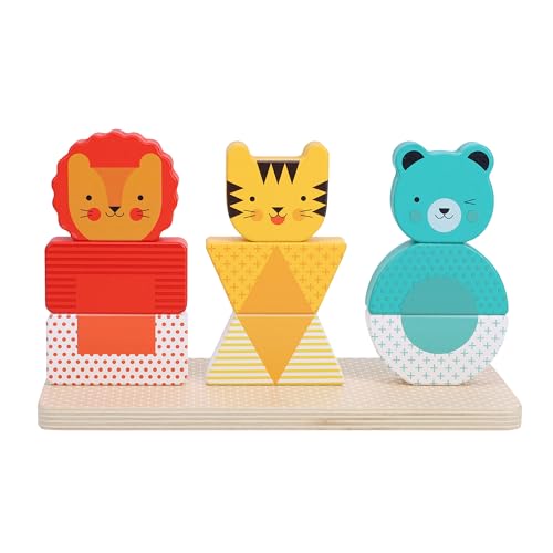 Image of Petit Collage: Wooden Stacking Puzzle, Lion, Tiger, and Bear | Mix and Match Puzzle with 3 Stacks |Includes Guide Cards for Color and Shape Matching | Great for Ages 18 Months +