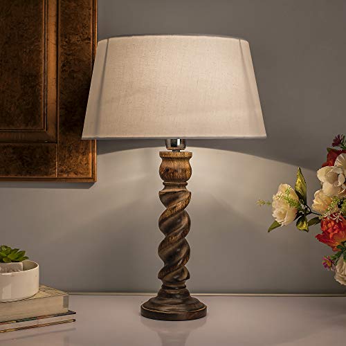 Image of Homesake Classic Twister Wooden Table Lamp with Fabric Shade | Handcrafted Bedside Lamp with E27 Holder| Bulb Included |Warm Light Night Lamp for Bedroom, Living Room, Study & Home Decor, White