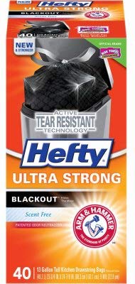 Image of Hefty Ultra Strong 13 Gallon Trash Bags, Black Tall Kitchen Trash-Bags 13 Gallon Size, Break Resistant Drawstring Enclosure, Continuous Odor Control, Blackout, Unscented, 40-Bags (Pack of 6)