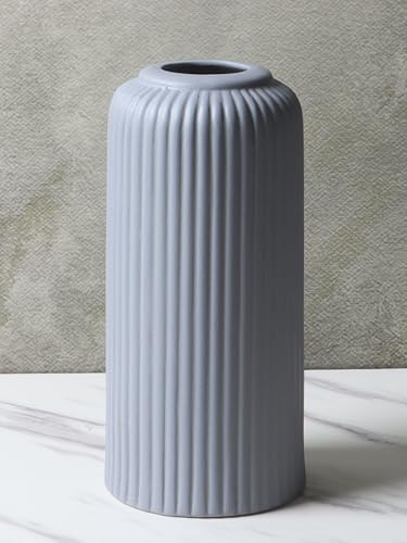 Image of KREATIVE ART'S Modern Ribbed Design Ceramic Flower Vase for Living Room, Flower Pots for Artificial Flower, Home Decoration Item, Home Decor, Vases for Living Room (Grey, Medium)