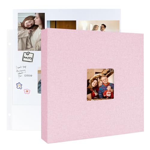 3 Ring Binder 12x12 Inch Large Scrapbook Photo Album, Linen Cover Scrap Book with 30 Plastic Sleeves 60 Pages 12 x 12 Scrapbooks White Pages for Wedding Couples Baby Travel Women Kids (Pink)