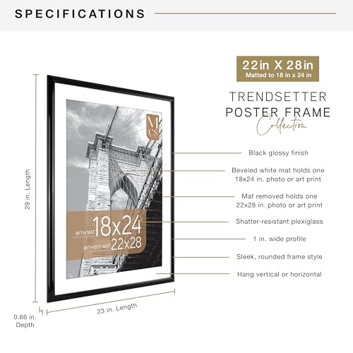 Image of MCS Trendsetter Poster Frame With Mat Option, 22x28 Matted to 18x24, Black | Trendsetter Poster Frame For Photos, 22x28 Inch, Displays 18x24 Inch Matted Or 22x28 Unmatted, Black, 1-Pack