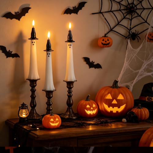 Image of Halloween Witch Flameless Taper Candles Battery Operated with Remote Timer, 400 Hours Long Lasting Real Wax 3D Wick Flickering LED Candlesticks Halloween Decor(2 Pack, 0.75 inch D x 10 inch H)